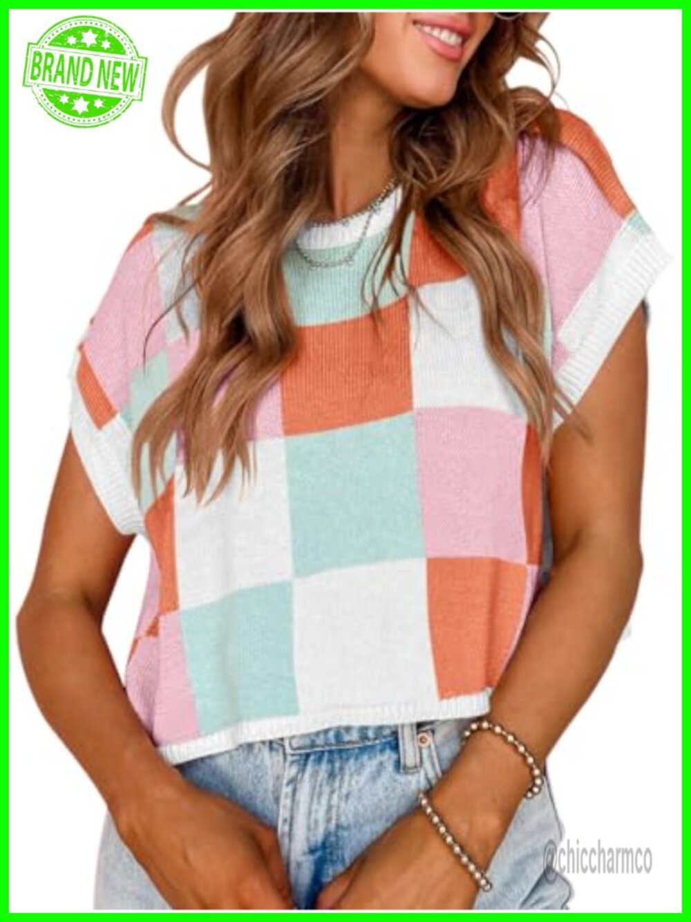 Womens Cap Sleeve Crop Top Summer Color Block Knit Sweater Pullover